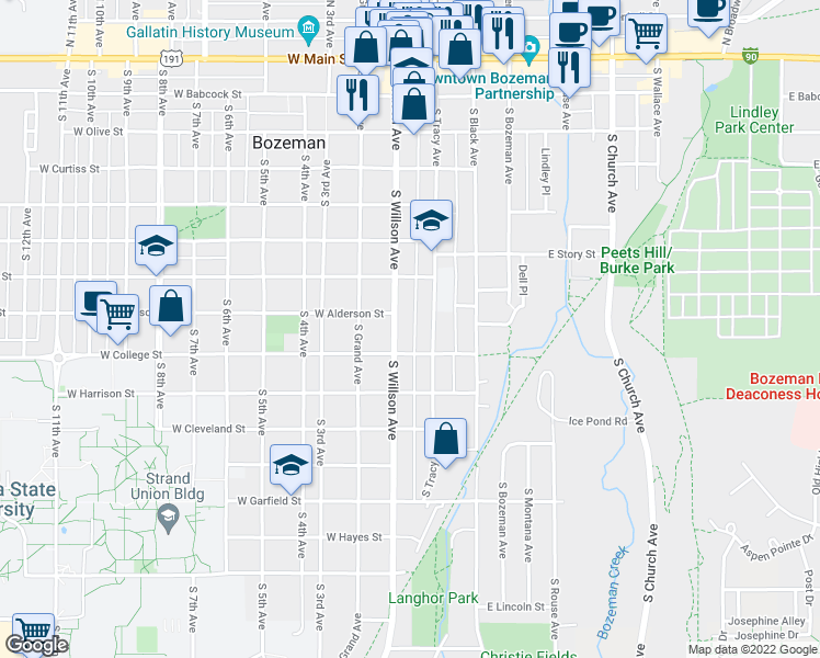 map of restaurants, bars, coffee shops, grocery stores, and more near 717 South Tracy Avenue in Bozeman