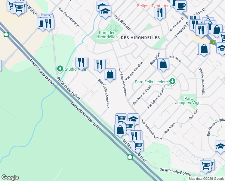 map of restaurants, bars, coffee shops, grocery stores, and more near 30 Rue Émilien Marcoux in Blainville