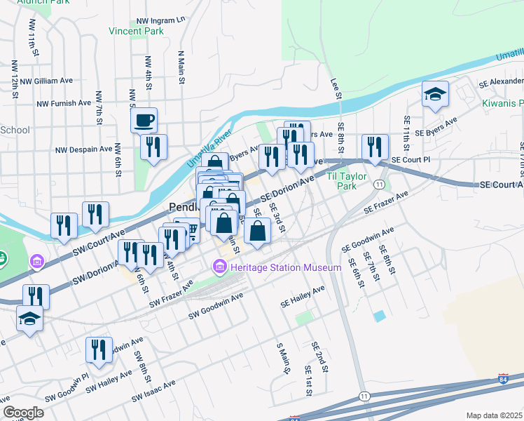 map of restaurants, bars, coffee shops, grocery stores, and more near 326 Southeast 2nd Street in Pendleton
