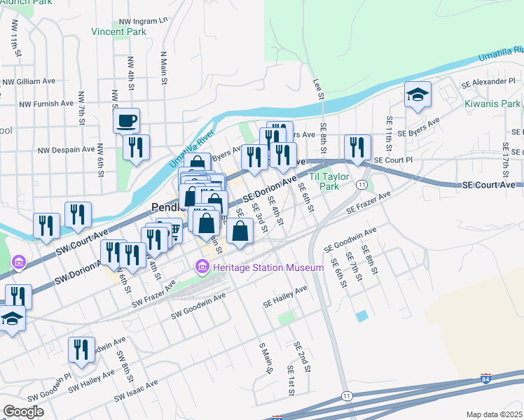 map of restaurants, bars, coffee shops, grocery stores, and more near 344 1/2 Southeast 3rd Street in Pendleton