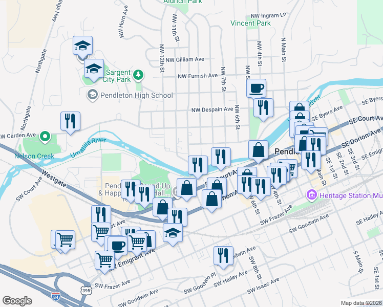 map of restaurants, bars, coffee shops, grocery stores, and more near 16 Northwest 10th Street in Pendleton