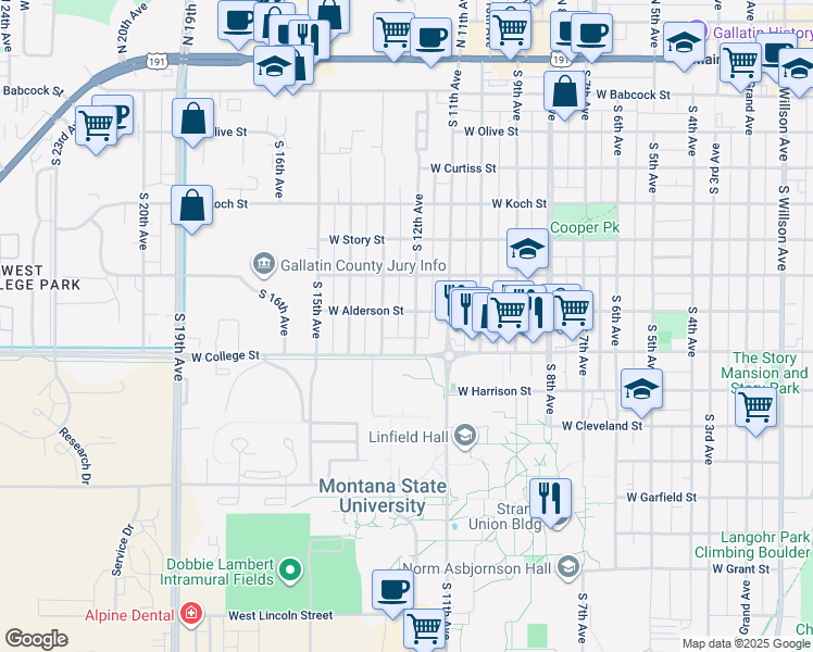 map of restaurants, bars, coffee shops, grocery stores, and more near 709 South 12th Avenue in Bozeman
