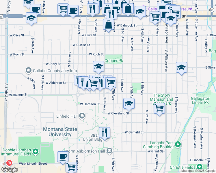 map of restaurants, bars, coffee shops, grocery stores, and more near 708 South 8th Avenue in Bozeman