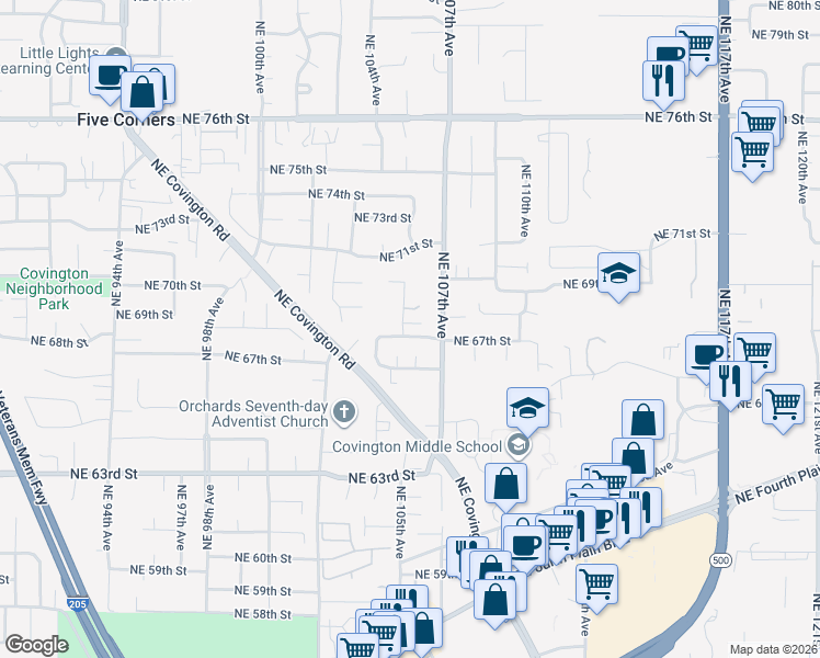 map of restaurants, bars, coffee shops, grocery stores, and more near 6707 Northeast 105th Avenue in Vancouver