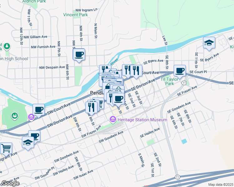 map of restaurants, bars, coffee shops, grocery stores, and more near 25 Southeast 1st Street in Pendleton