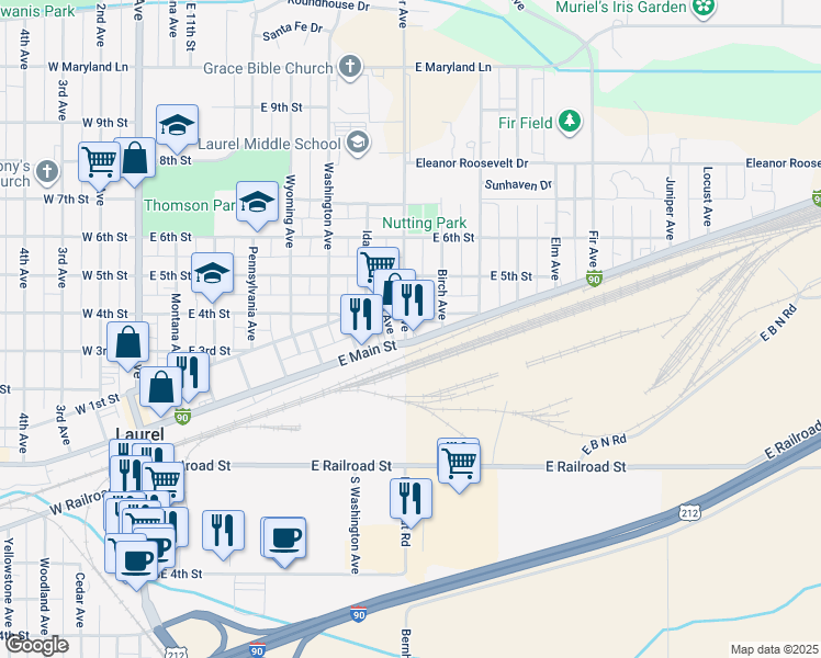 map of restaurants, bars, coffee shops, grocery stores, and more near 801 E Main St in Laurel