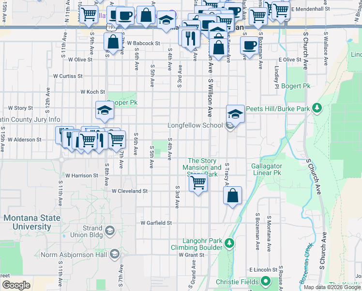 map of restaurants, bars, coffee shops, grocery stores, and more near 709 South 3rd Avenue in Bozeman