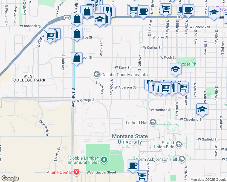 map of restaurants, bars, coffee shops, grocery stores, and more near 708 South 15th Avenue in Bozeman
