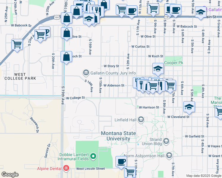 map of restaurants, bars, coffee shops, grocery stores, and more near 708 South 14th Avenue in Bozeman