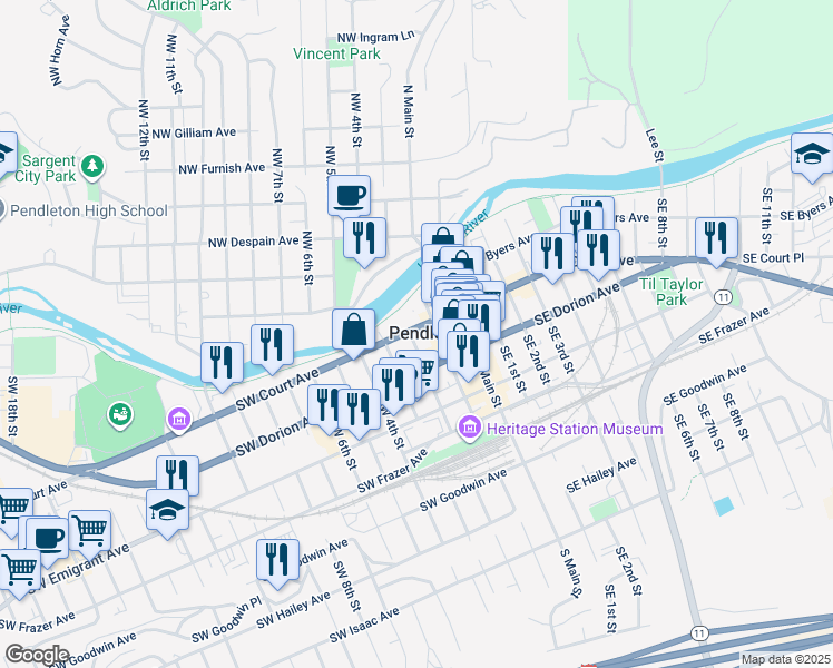 map of restaurants, bars, coffee shops, grocery stores, and more near 130 Southwest Court Avenue in Pendleton