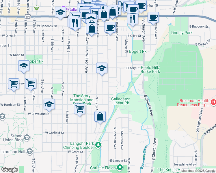 map of restaurants, bars, coffee shops, grocery stores, and more near 615 South Black Avenue in Bozeman