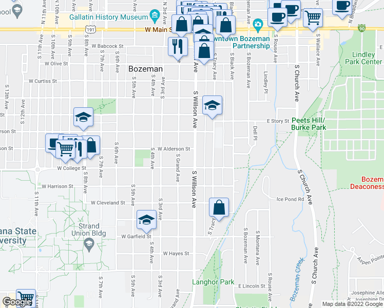 map of restaurants, bars, coffee shops, grocery stores, and more near 701 South Willson Avenue in Bozeman
