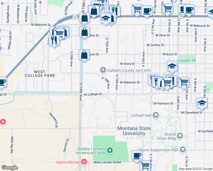 map of restaurants, bars, coffee shops, grocery stores, and more near 707 South 16th Avenue in Bozeman