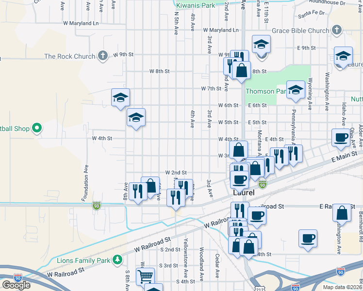 map of restaurants, bars, coffee shops, grocery stores, and more near 315 5th Avenue in Laurel
