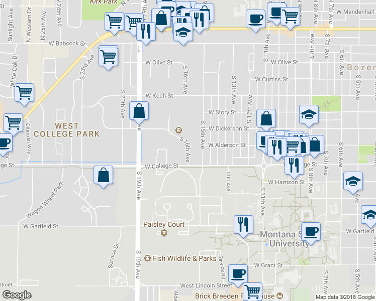 map of restaurants, bars, coffee shops, grocery stores, and more near 705 South 16th Avenue in Bozeman