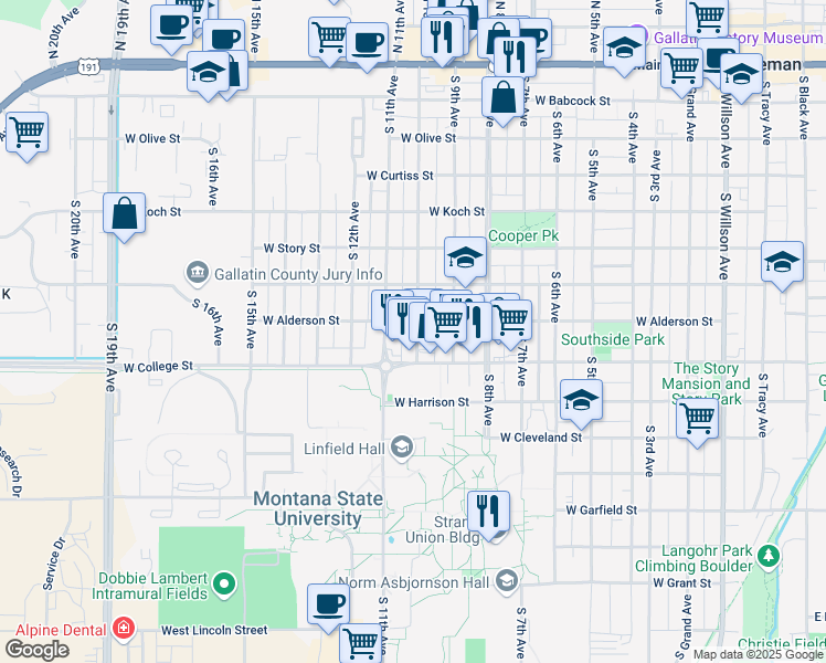 map of restaurants, bars, coffee shops, grocery stores, and more near 707 South 10th Avenue in Bozeman