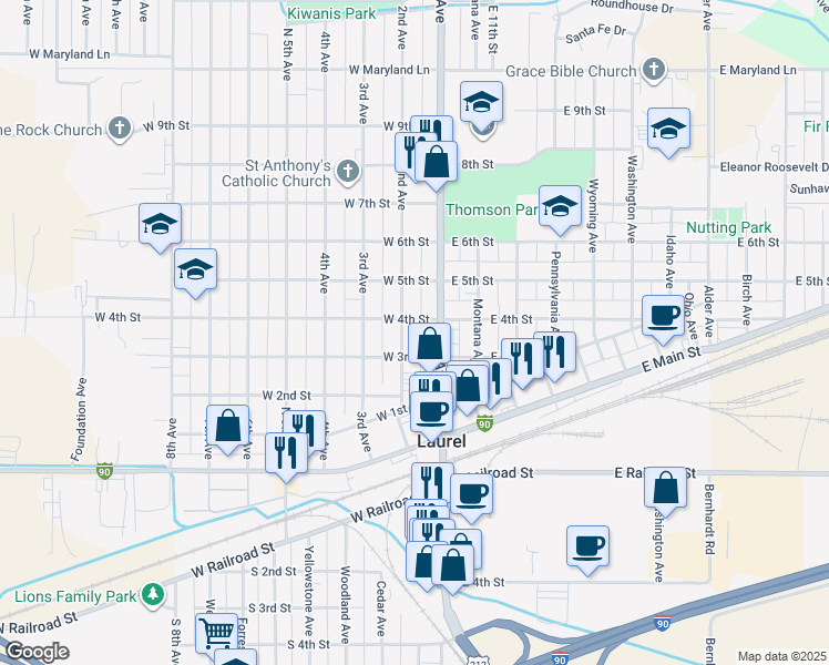 map of restaurants, bars, coffee shops, grocery stores, and more near 317 2nd Ave in Laurel