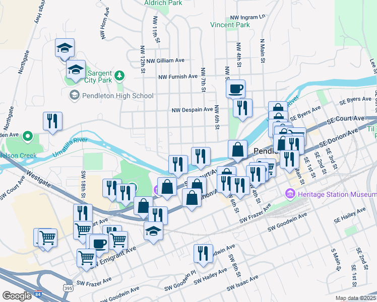 map of restaurants, bars, coffee shops, grocery stores, and more near 9 Northwest 8th Street in Pendleton
