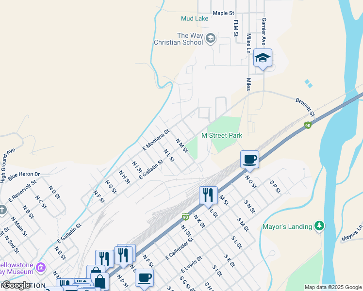 map of restaurants, bars, coffee shops, grocery stores, and more near North M Street in Livingston