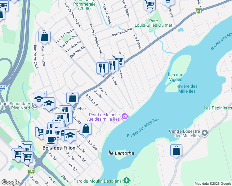 map of restaurants, bars, coffee shops, grocery stores, and more near 39 24e Avenue in Bois-des-Filion