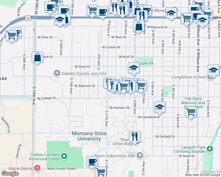 map of restaurants, bars, coffee shops, grocery stores, and more near 707 South 10th Avenue in Bozeman