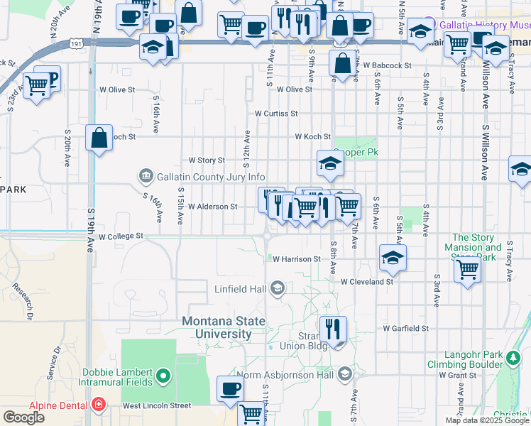 map of restaurants, bars, coffee shops, grocery stores, and more near 703 South 11th Avenue in Bozeman