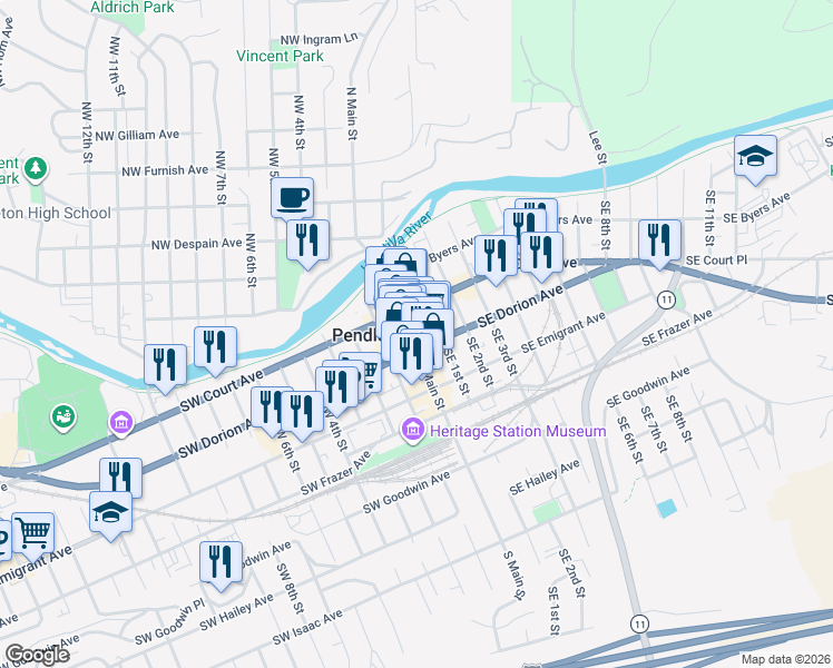 map of restaurants, bars, coffee shops, grocery stores, and more near 25 Southeast 1st Street in Pendleton