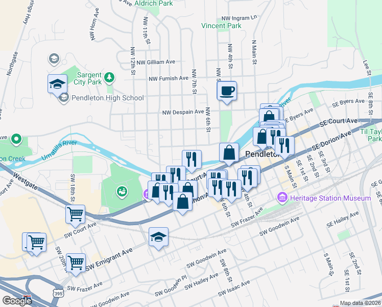 map of restaurants, bars, coffee shops, grocery stores, and more near 4 Northwest 7th Street in Pendleton