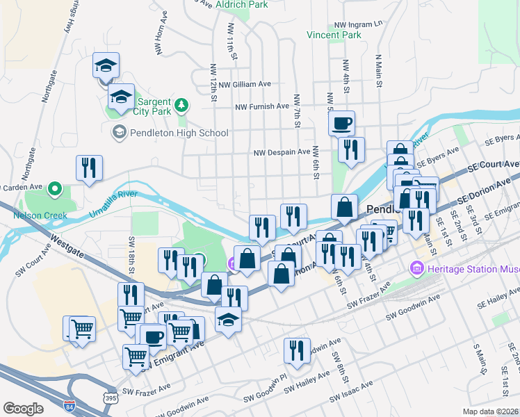 map of restaurants, bars, coffee shops, grocery stores, and more near 16 Northwest 10th Street in Pendleton