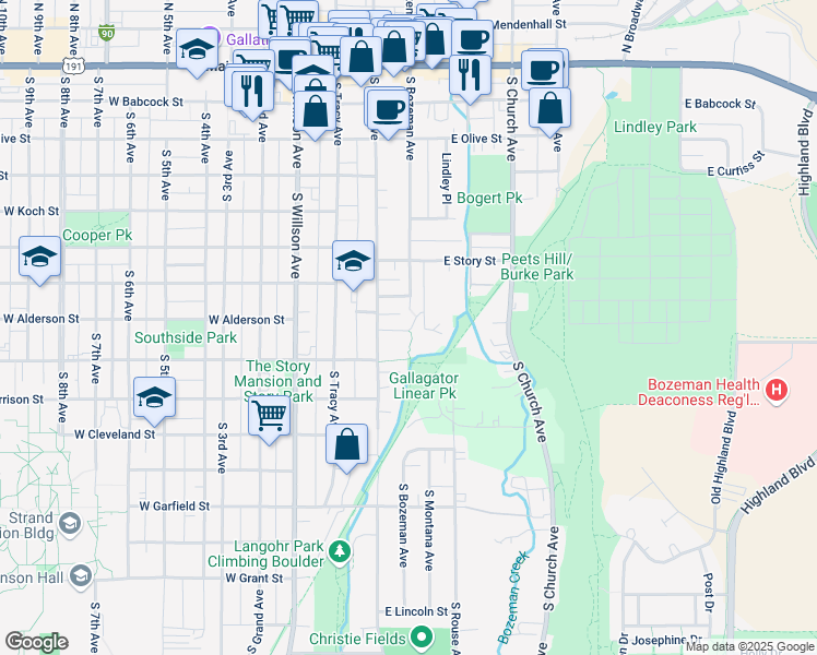 map of restaurants, bars, coffee shops, grocery stores, and more near 127A East Alderson Street in Bozeman