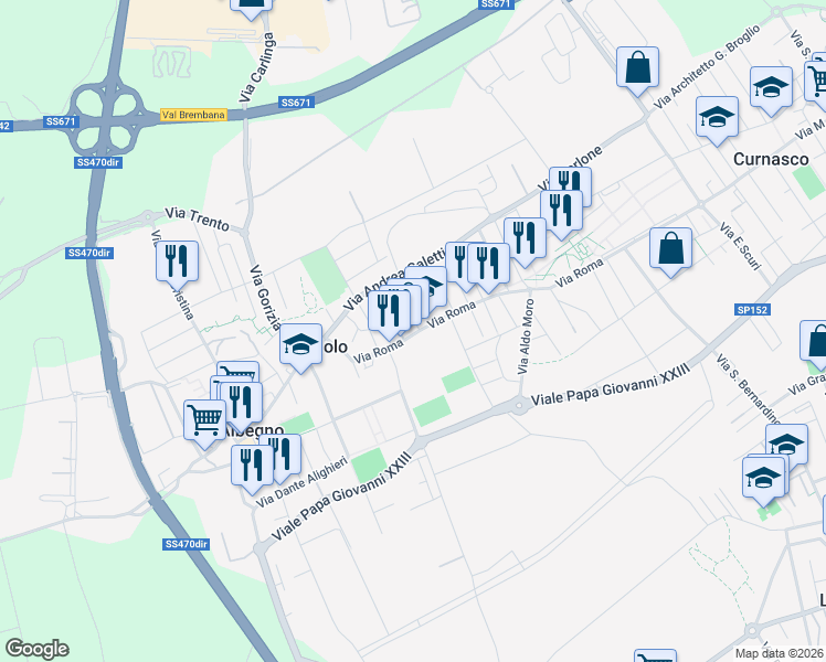 map of restaurants, bars, coffee shops, grocery stores, and more near 58 Via Roma in Treviolo