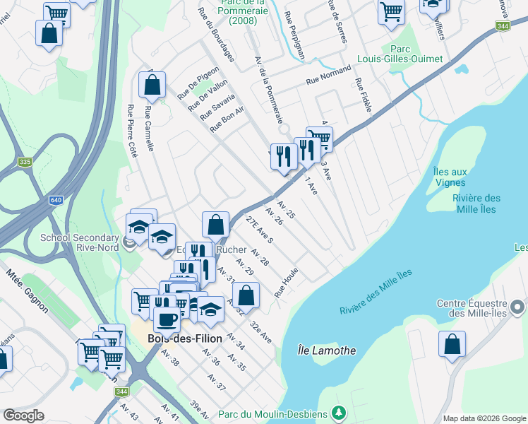 map of restaurants, bars, coffee shops, grocery stores, and more near 26e Av Sud in Bois-des-Filion