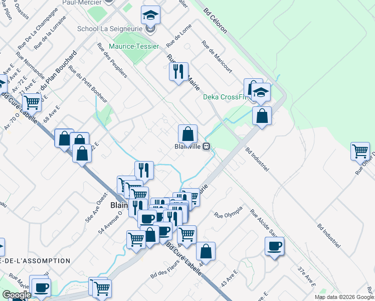 map of restaurants, bars, coffee shops, grocery stores, and more near 75 Rue Hubert-Aquin in Blainville
