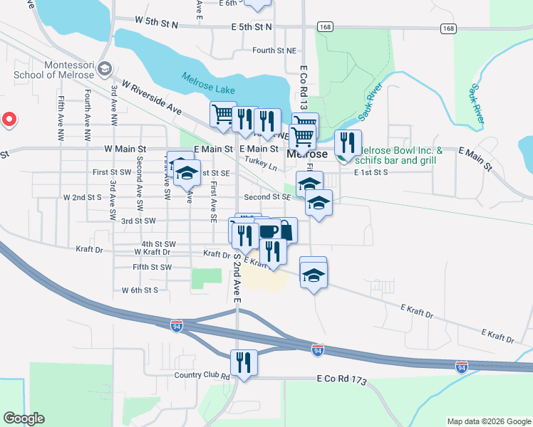 map of restaurants, bars, coffee shops, grocery stores, and more near 221 3rd Street Southeast in Melrose