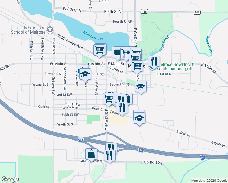 map of restaurants, bars, coffee shops, grocery stores, and more near 221 3rd Street Southeast in Melrose