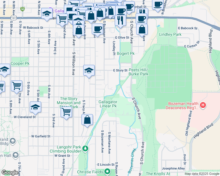 map of restaurants, bars, coffee shops, grocery stores, and more near 680 Dell Place in Bozeman