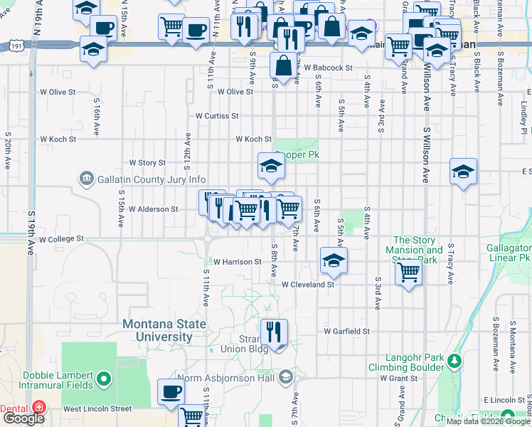 map of restaurants, bars, coffee shops, grocery stores, and more near 708 South 8th Avenue in Bozeman