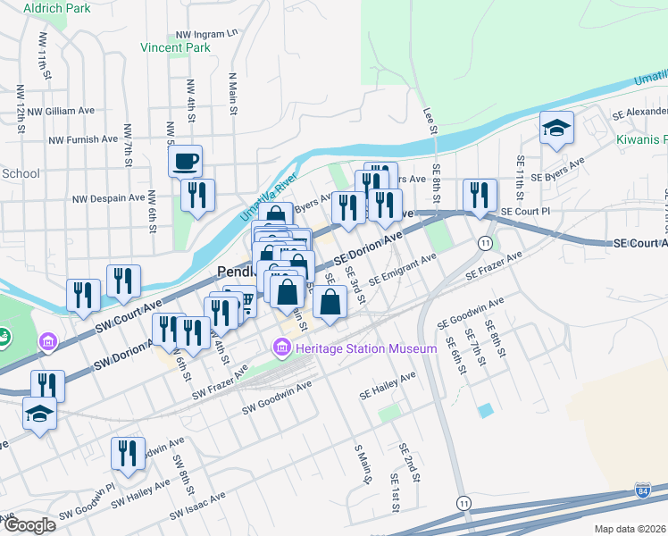 map of restaurants, bars, coffee shops, grocery stores, and more near 202 Southeast Dorion Avenue in Pendleton