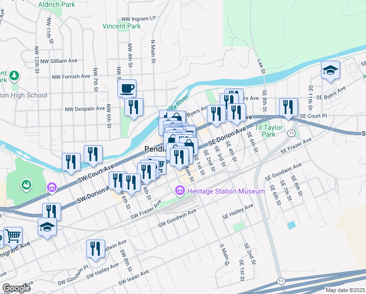 map of restaurants, bars, coffee shops, grocery stores, and more near 25 Southeast 1st Street in Pendleton