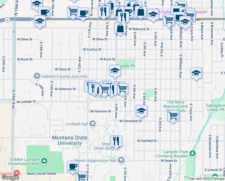 map of restaurants, bars, coffee shops, grocery stores, and more near 708 South 8th Avenue in Bozeman