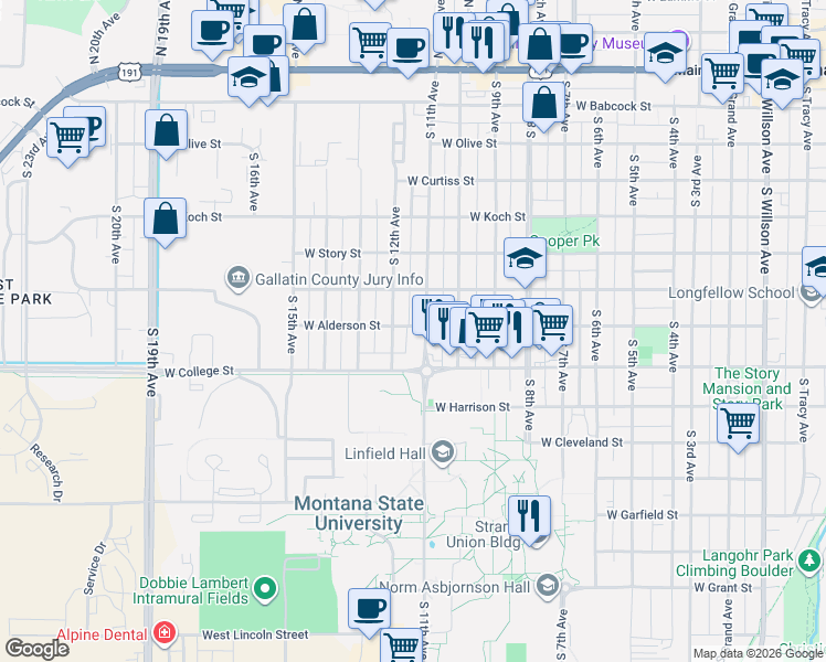 map of restaurants, bars, coffee shops, grocery stores, and more near 703 South 11th Avenue in Bozeman