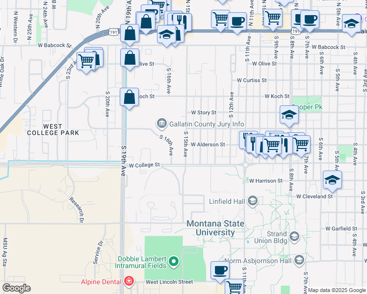 map of restaurants, bars, coffee shops, grocery stores, and more near 708 South 15th Avenue in Bozeman