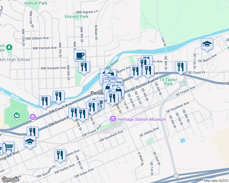 map of restaurants, bars, coffee shops, grocery stores, and more near 25 Southeast 1st Street in Pendleton