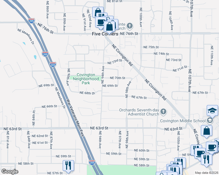 map of restaurants, bars, coffee shops, grocery stores, and more near 9505 Northeast 69th Street in Vancouver
