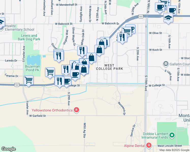 map of restaurants, bars, coffee shops, grocery stores, and more near 751 Professional Drive in Bozeman