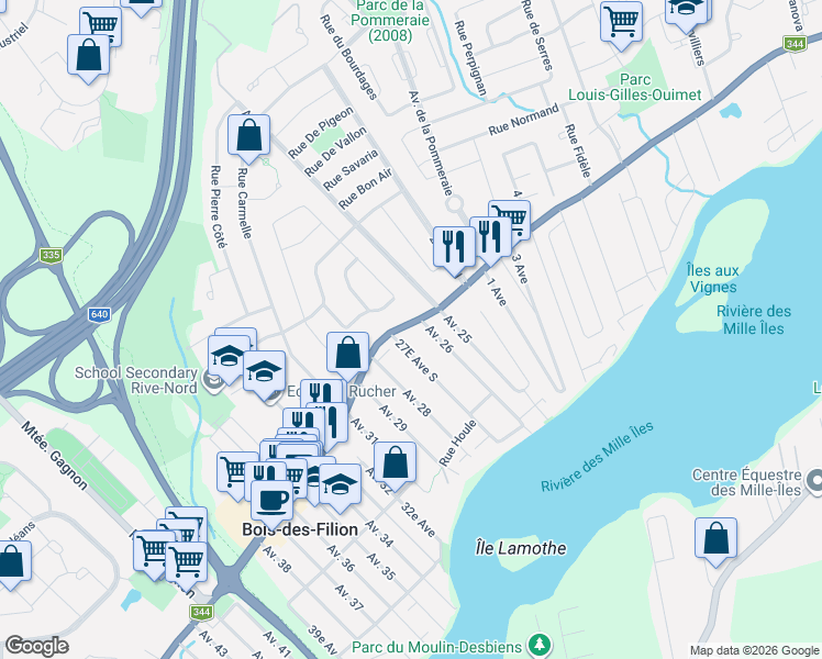 map of restaurants, bars, coffee shops, grocery stores, and more near 334 Boulevard Adolphe-Chapleau in Bois-des-Filion