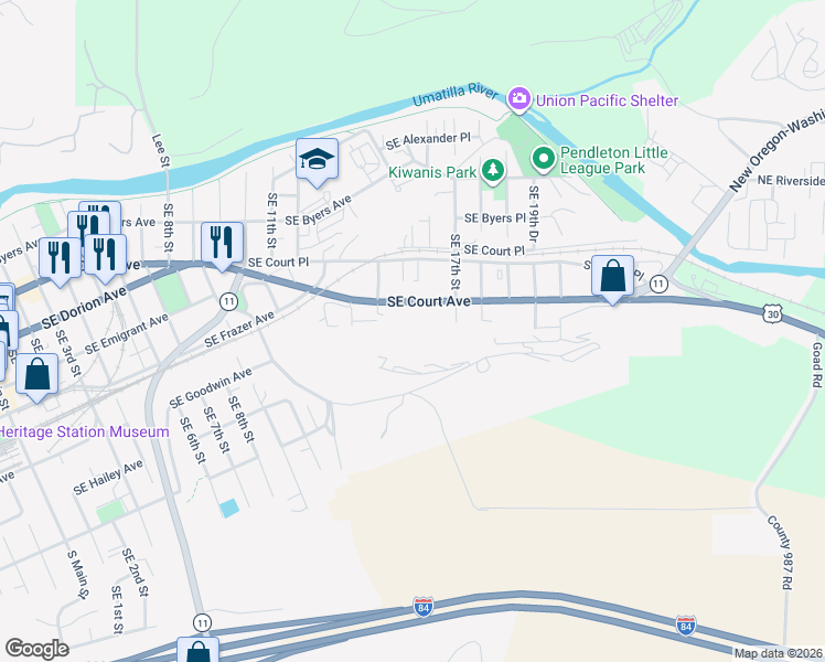 map of restaurants, bars, coffee shops, grocery stores, and more near 1555 Southeast Isaac Avenue in Pendleton