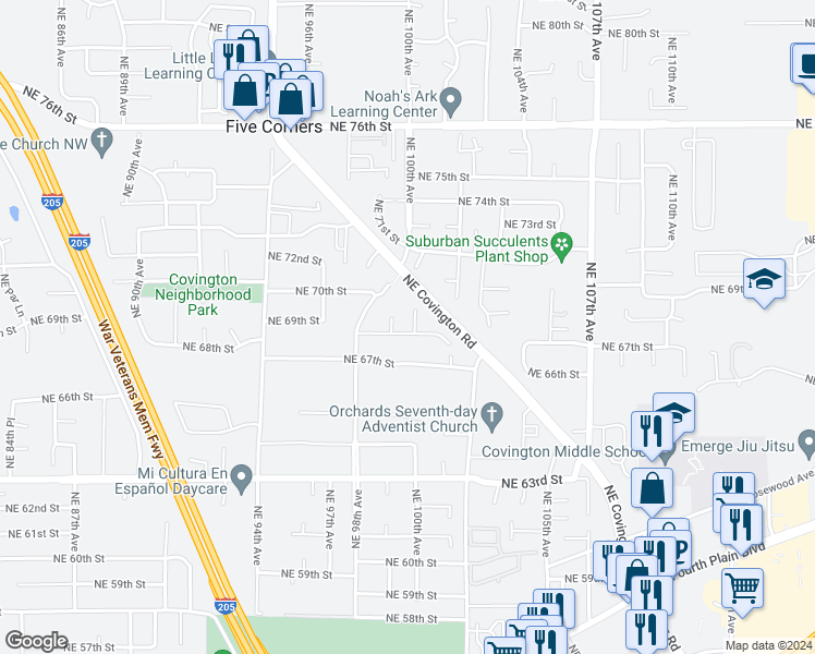 map of restaurants, bars, coffee shops, grocery stores, and more near 6900 Northeast 100th Court in Vancouver