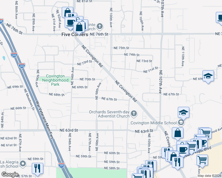 map of restaurants, bars, coffee shops, grocery stores, and more near 6900 Northeast 100th Court in Vancouver