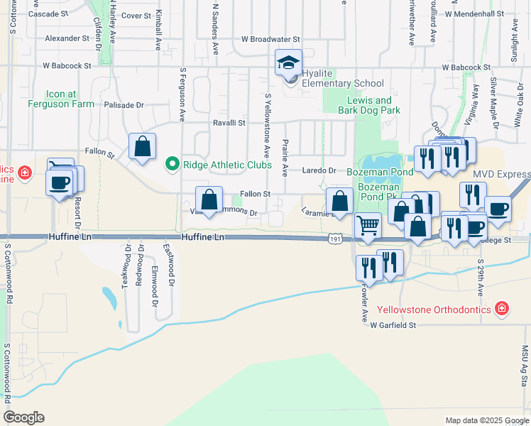 map of restaurants, bars, coffee shops, grocery stores, and more near 3800 Valley Commons Drive in Bozeman